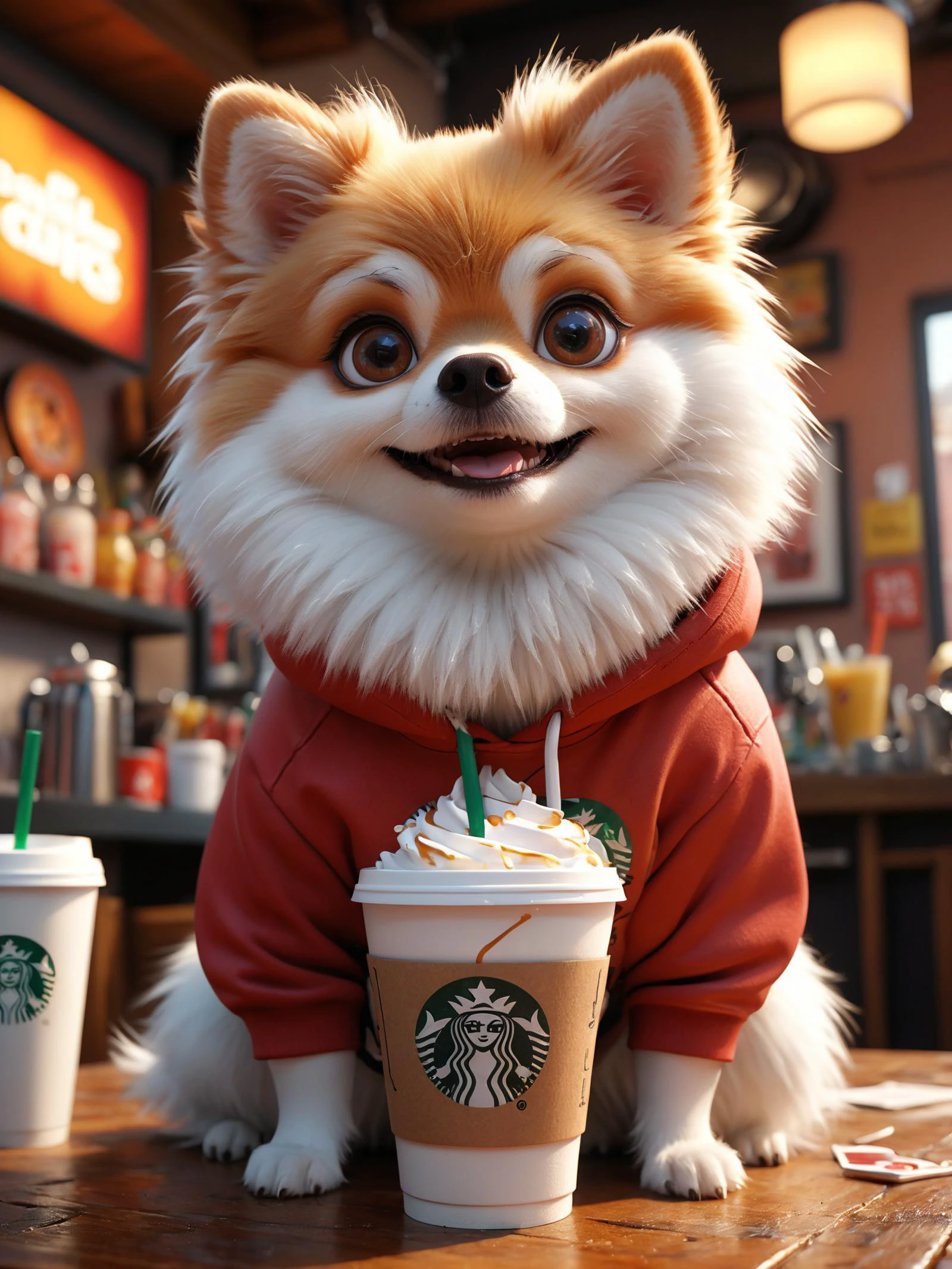 (Ultra-HD-quality-details, real-photo-realistic, ideal), Cute cartoon style >Treat the following Prompt Elements with equal Emphasis<draw a extra white pomeranian dog | with white fur all over | No cream patches anywhere | wearing a red hoody| Text "Izzy" in rosegold colors | starbucks cup in front of her, cinematic, poster, typography, 3d render
epic action, Unreal Engine, cinematic award winning artwork, many details, extreme detailed, full of details,Wide range of colors., dramatic, Dynamic,Cinematic,Sharp details, Insane quality. Insane resolution. Insane details. Masterpiece. 32k resolution. casting shadow style, cucoloris patterned illumination, dvr-lnds-sdxl, ral-dissolve, ral-ertmsphr, ral-porcelain, ral-pxlprtcl, Niji, aidma-niji