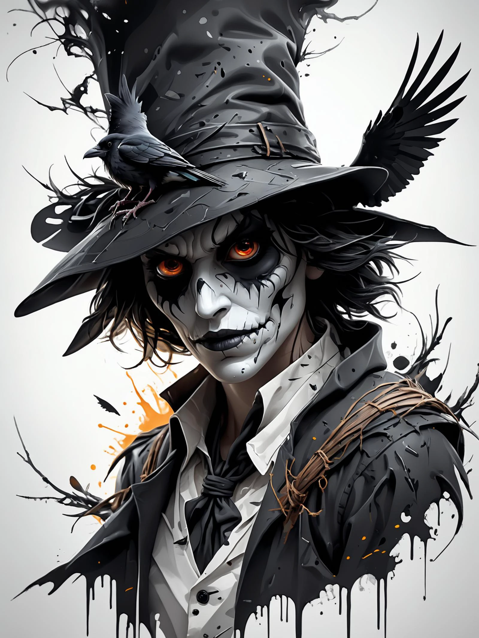 Vektor Create an exquisite ink painting on white paper that is the perfect multi-exposure work of art. This piece was intended to combine the volume-shaded of a Raven and a scarecrow . Hyper realistic .Tattoo style, paint splash, colors in white ,black and white , illustration, painting, photo, poster, dark fantasy
epic action, Unreal Engine, cinematic award winning artwork, many details, extreme detailed, full of details,Wide range of colors., dramatic, Dynamic,Cinematic,Sharp details, Insane quality. Insane resolution. Insane details. Masterpiece. 32k resolution. casting shadow style, cucoloris patterned illumination, dvr-lnds-sdxl, ral-dissolve, ral-ertmsphr, ral-porcelain, ral-pxlprtcl, Niji, aidma-niji