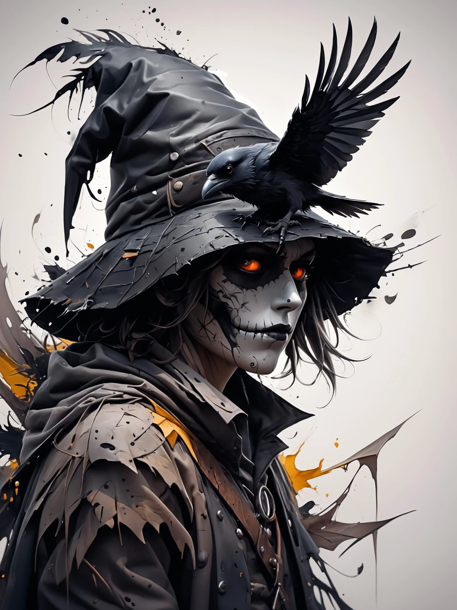 Vektor Create an exquisite ink painting on white paper that is the perfect multi-exposure work of art. This piece was intended to combine the volume-shaded of a Raven and a scarecrow . Hyper realistic .Tattoo style, paint splash, colors in white ,black and white , illustration, painting, photo, poster, dark fantasy
epic action, Unreal Engine, cinematic award winning artwork, many details, extreme detailed, full of details,Wide range of colors., dramatic, Dynamic,Cinematic,Sharp details, Insane quality. Insane resolution. Insane details. Masterpiece. 32k resolution. casting shadow style, cucoloris patterned illumination, dvr-lnds-sdxl, ral-dissolve, ral-ertmsphr, ral-porcelain, ral-pxlprtcl, Niji, aidma-niji