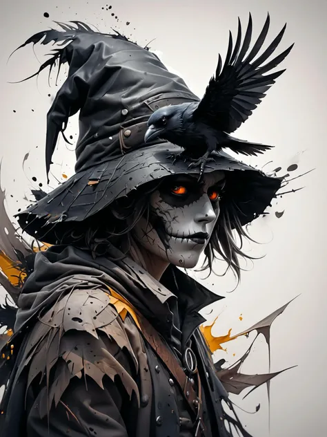 Vektor Create an exquisite ink painting on white paper that is the perfect multi-exposure work of art. This piece was intended to combine the volume-shaded of a Raven and a scarecrow . Hyper realistic .Tattoo style, paint splash, colors in white ,black and white , illustration, painting, photo, poster, dark fantasy

epic action, Unreal Engine, cinematic award winning artwork, many details, extreme detailed, full of details,Wide range of colors., dramatic, Dynamic,Cinematic,Sharp details, Insane quality. Insane resolution. Insane details. Masterpiece. 32k resolution. casting shadow style, cucoloris patterned illumination,  dvr-lnds-sdxl, ral-dissolve, ral-ertmsphr, ral-porcelain, ral-pxlprtcl, Niji, aidma-niji