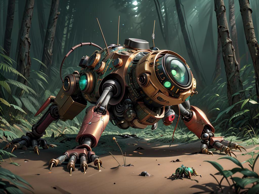 a scrapbot mobile explorer, six legs, insect style,
<lora:ScrapBot:0.90> scrapbot, robot, camera eyes,
(vast forest background),
(UHD:1.1),
(detailed background visible:1.2),
(Style: subsurface scattering, (pui), analog style, realistic, film photography, highres photo, cinematic Lighting, trending on artstation),(Photorealistic:1.2),
(detailed), sharp, HDR, high quality, good resolution, maximalist, masterpiece, (Golden ratio),(detailed background:1.2), (background visible), Raw, Photo, realistic, DSLR, subsurface scattering, analog style, (Photorealistic:1.2), (crafted style), (detailed hyperrealism), (captivating photograph:1.30)