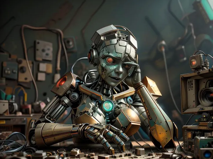 <lora:ScrapBot:0.40> scrapbot, robot, robotic arms,  cubic design, (chain drive:1.1), extracted camera eyes, 
scrapyard ruin, (small scrapbot:1.1) (cleaning:1.1), between huge piles of (scrap:1.1), (cables:1.1), metals, (circuitboard:1.1), 
background: dusty plains, small town ruin,
(UHD:1.1), 
(detailed background visible:1.2),
(Style: subsurface scattering, (pui), analog style, realistic, film photography, highres photo, cinematic Lighting, trending on artstation),(Photorealistic:1.2),
(detailed), sharp, HDR, high quality, good resolution, maximalist, masterpiece, (Golden ratio),(detailed background:1.2), (background visible), Raw, Photo, realistic, DSLR, subsurface scattering, analog style, (Photorealistic:1.2), (crafted style), (detailed hyperrealism), (captivating photograph:1.30)