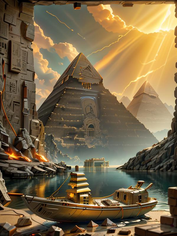 Arafed view of a boat in a lake with a pyramid in the background ...