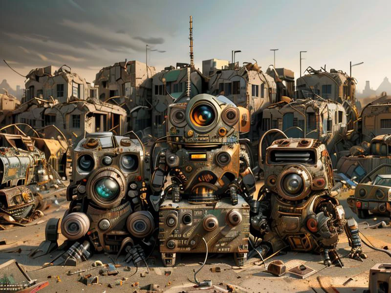 <lora:ScrapBot:0.9> scrapbot, robot,
scrapyard ruin, small scrapbot cleaning between huge piles of scrap, cables, metals, circuitboard,
background: dusty plains, small town ruin, (1950s \(style\) houses),
(UHD:1.1),
(detailed background visible:1.2),
(Style: subsurface scattering, (pui), analog style, realistic, film photography, highres photo, cinematic Lighting, trending on artstation),(Photorealistic:1.2),
(detailed), sharp, HDR, high quality, good resolution, maximalist, masterpiece, (Golden ratio),(detailed background:1.2), (background visible), Raw, Photo, realistic, DSLR, subsurface scattering, analog style, (Photorealistic:1.2), (crafted style), (detailed hyperrealism), (captivating photograph:0.80)