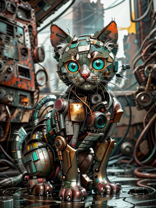 a scrapbot close up of (cute:0.80) wet kitten, wet fur, in (inside a factory ruin), broken windows, puddles, rust, (old machinery),,
<lora:ScrapBot:0.9> scrapbot, robot,
(UHD:1.1),
(detailed background visible:1.2),
(Style: subsurface scattering, (pui), analog style, realistic, film photography, highres photo, cinematic Lighting, trending on artstation),(Photorealistic:1.2),
(detailed), sharp, HDR, high quality, good resolution, maximalist, masterpiece, (Golden ratio),(detailed background:1.2), (background visible), (detailed hyperrealism),
