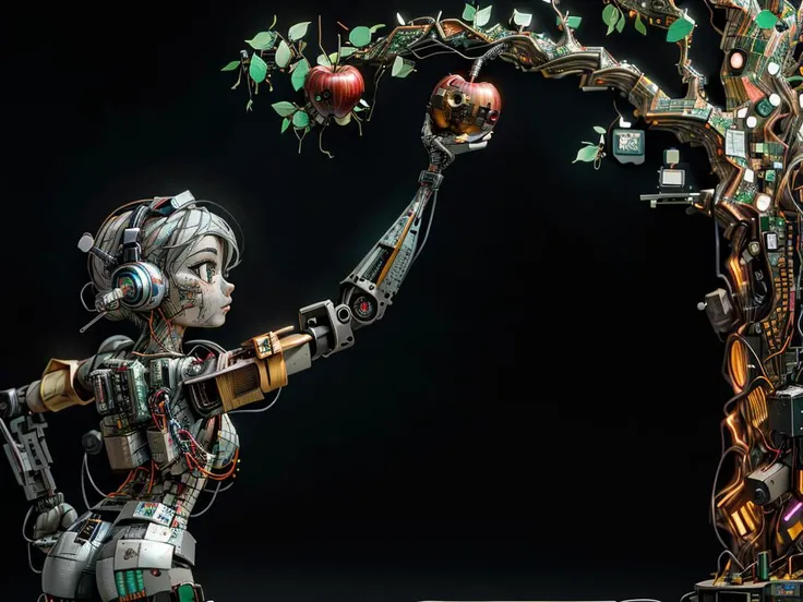 (8k), black background,
<lora:ScrapBot:1.00> scrapbot, robot, robotic arms, camera lens eyes, lens eye,
(no human:0.80),
(from behind), 1 scrapbot (robot) (arm lifted) picking (apple:0.85) on (scrapbot apple tree:1.1), (away from viewer:1.15), (detailed finger:1.1),
wearing headphones, (looking away from viewer:0.90),
tree:(scrap metal, cables,)
apple:(apple shaped (red:1.2) circuit board:0.85),
(cables:1.1), metals, (circuitboard:1.1),
(UHD:1.1),
(detailed background visible:1.2),
(Style: subsurface scattering, (pui), analog style, realistic, film photography, highres photo, cinematic Lighting, trending on artstation),(Photorealistic:1.2),
(detailed), sharp, HDR, high quality, good resolution, maximalist, masterpiece, (Golden ratio),(detailed background:1.2), (background visible), Raw, Photo, realistic, DSLR, subsurface scattering, analog style, (Photorealistic:1.2), (crafted style), (detailed hyperrealism), (captivating photograph:0.90)