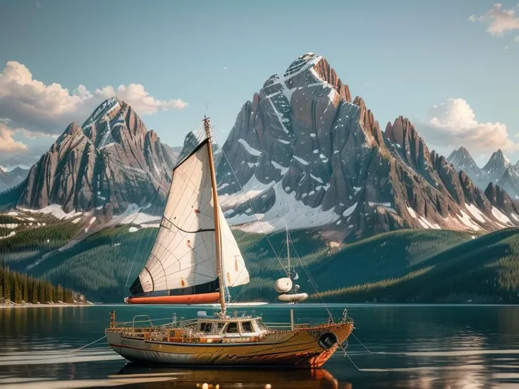 a scrapbot small sailboat on a lake, mountains in background, in (background: detailed vast mountainside, on (peak:1.1), epic view, scenery, white clouds, dappled sunlight, sun rays, morning sun,),,
<lora:ScrapBot:0.91> scrapbot, robot,
(UHD:1.1),
(detailed background visible:1.2),
(Style: subsurface scattering, (pui), analog style, realistic, film photography, highres photo, cinematic Lighting, trending on artstation),(Photorealistic:1.2),
(detailed), sharp, HDR, high quality, good resolution, maximalist, masterpiece, (Golden ratio),(detailed background:1.2), (background visible), (detailed hyperrealism),