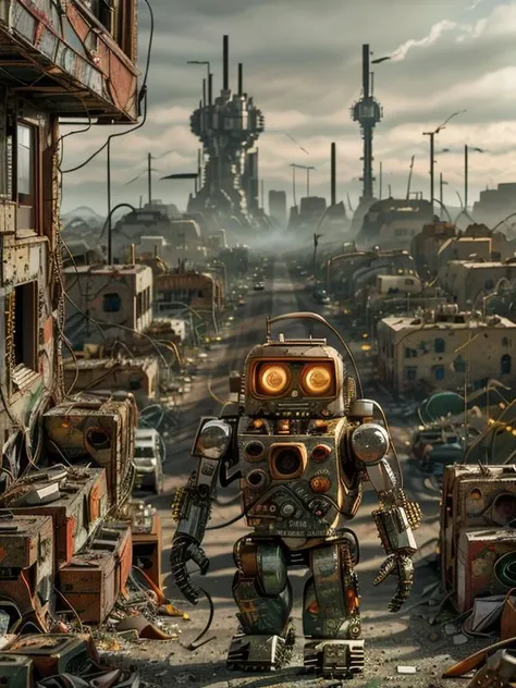 <lora:ScrapBot:0.9> scrapbot, robot,
scrapyard ruin, small scrapbot cleaning between huge piles of scrap, cables, metals, circuitboard,
background: dusty plains, small town ruin, (1950s \(style\) houses),
(UHD:1.1),
(detailed background visible:1.2),
(Style: subsurface scattering, (pui), analog style, realistic, film photography, highres photo, cinematic Lighting, trending on artstation),(Photorealistic:1.2),
(detailed), sharp, HDR, high quality, good resolution, maximalist, masterpiece, (Golden ratio),(detailed background:1.2), (background visible), Raw, Photo, realistic, DSLR, subsurface scattering, analog style, (Photorealistic:1.2), (crafted style), (detailed hyperrealism), (captivating photograph:1.15)