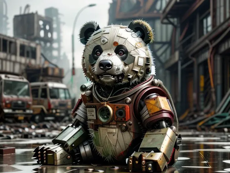 a scrapbot close up of (cute:0.50) wet panda, wet fur, in (inside a factory ruin), broken windows, puddles, rust, (old machinery),,
<lora:ScrapBot:0.90> scrapbot, robot,
(UHD:1.1),
(detailed background visible:1.2),
(Style: subsurface scattering, (pui), analog style, realistic, film photography, highres photo, cinematic Lighting, trending on artstation),(Photorealistic:1.2),
(detailed), sharp, HDR, high quality, good resolution, maximalist, masterpiece, (Golden ratio),(detailed background:1.2), (background visible), (detailed hyperrealism),