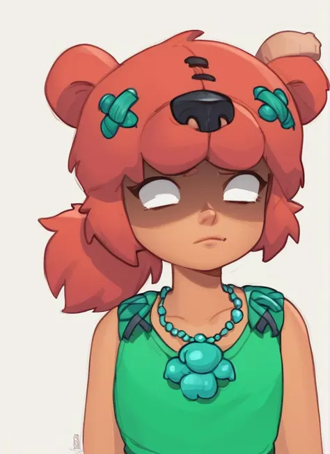 score_9, score_8_up, score_7_up, <lora:bsnita-000006:0.9>bsnita  , 1 girl , solo , red hair ,necklace ,green dress  ,ponytail,  ,bear ears ,,simple background,  white pupils,  shaded face, <lora:PossumMachine:1>posmach  ,bear girl, upper body,