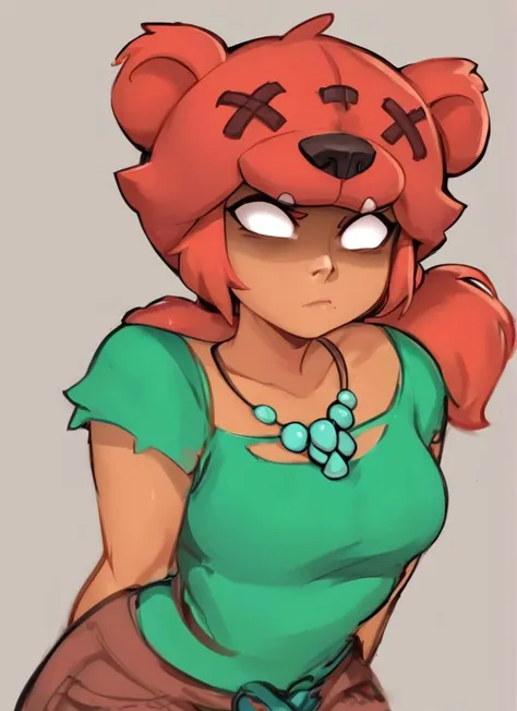 score_9, score_8_up, score_7_up, <lora:bsnita-000006:0.9>bsnita, dark-skinned female,   , 1 girl , solo , red hair ,necklace, green dress   ,ponytail,  ,bear ears ,,simple background,  white pupils,  shaded face,bear girl,   brown pants,   <lora:Kittew-4RCH0N:1> , 4RCH0N