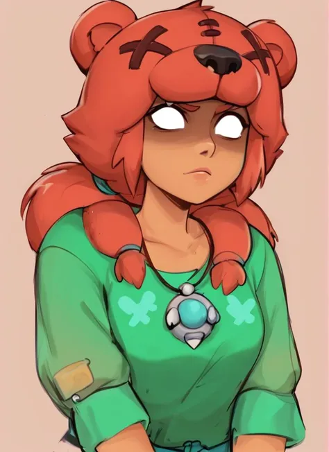 score_9, score_8_up, score_7_up, <lora:bsnita-000006:0.9>bsnita, dark-skinned female,   , 1 girl , solo , red hair ,necklace, green dress   ,bear ears ,,simple background,  white pupils,  shaded face,bear girl,   brown pants,   <lora:Kittew-4RCH0N:1> , 4RCH0N