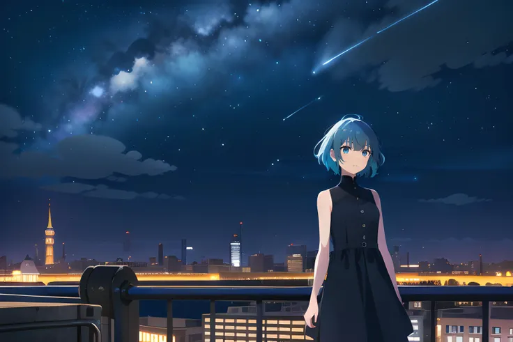1girl, flat color, cowboy shot, standing, short hair, blue hair, blue eyes, black dress, sleeveless dress, bare shoulders, bare arms, outdoors, city, cityscape, night, night sky <lora:VECTORV1-TRIM:1>