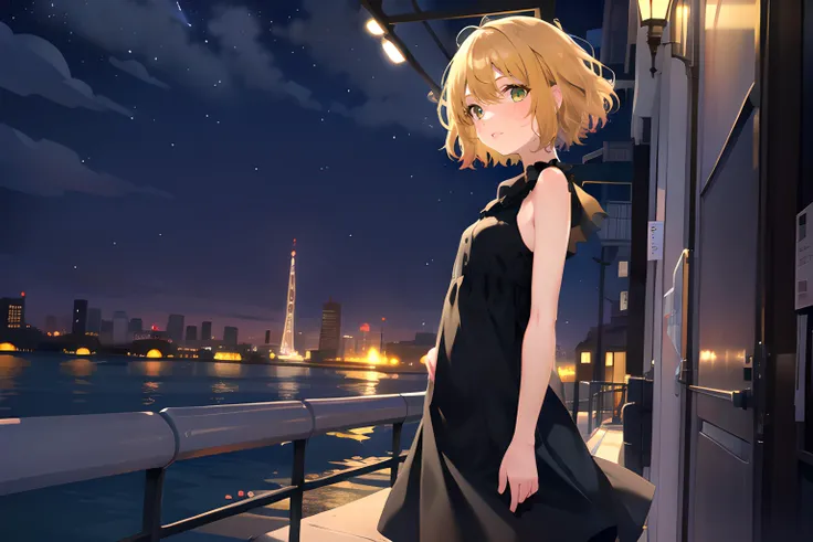 1girl, flat color, cowboy shot, standing, short hair, blonde hair, green eyes, black dress, sleeveless dress, bare shoulders, bare arms, outdoors, city, cityscape, night, night sky <lora:VECTORV1-TRIM:1>