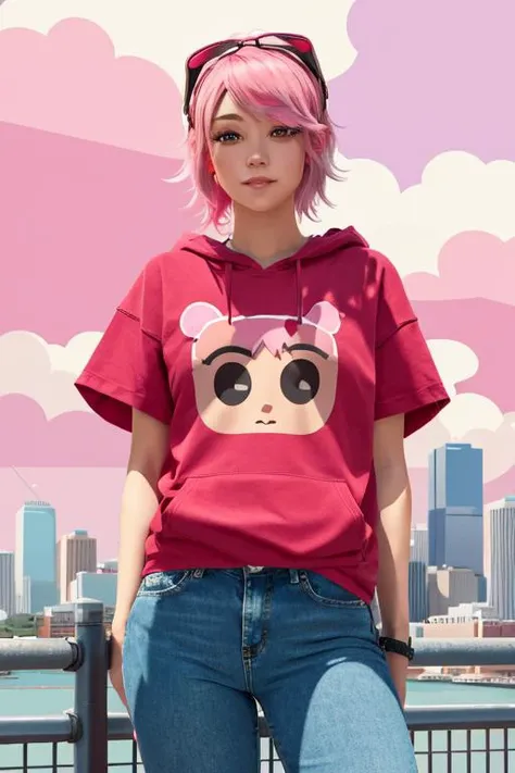masterpiece, flat color, 1girl, solo, pink hair, red eyes, casual style, jeans, t-shirts, hoodies, simple accessories, comfortable clothing, (skyline,noon,overcast,:1.2) <lyco:VECTORV1-TRIM:1.0>