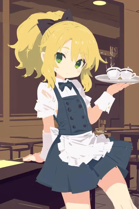 masterpiece,flat color,1girl,solo,blonde hair,green eye,ponytail,cafe staff uniform,pleated skirt,indoar,cafe,noon, <lora:Vector Graphics:1>