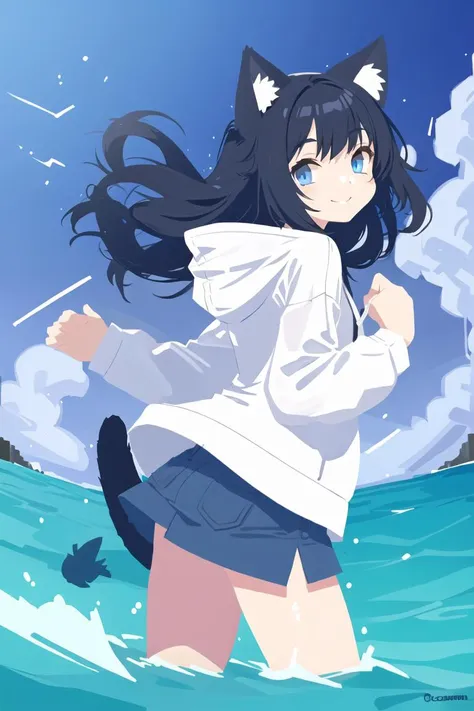 masterpiece,flat color,1girl,solo,black hair,blue eyes,smile,cat ear,white hoodie,ocean,noon,tornado <lora:Vector Graphics:1>