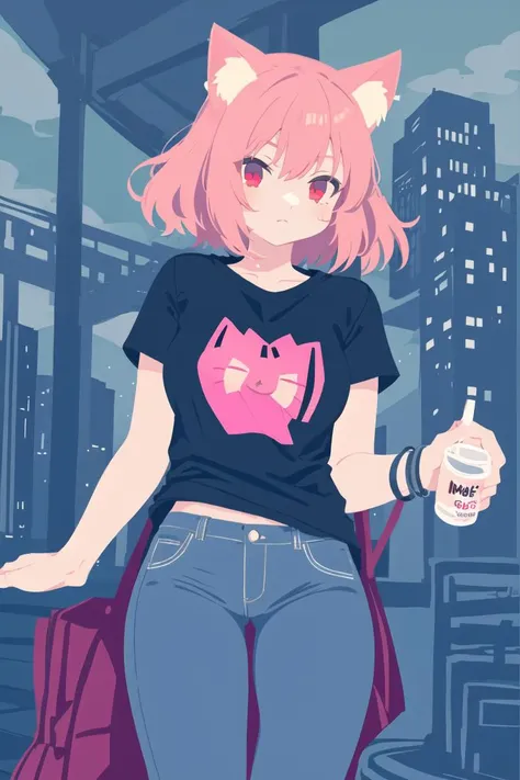 masterpiece,flat color,1girl,solo,pink hair,red eyes,cat ear,casual style, jeans, t-shirts,hoodies, simple accessories, comfortable clothing,(skyline,noon,overcast,:1.2) <lora:Vector Graphics:1>