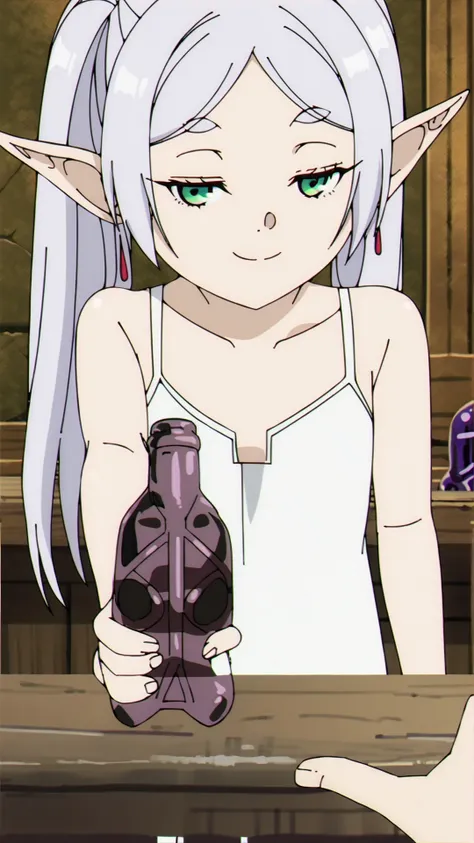 1girl,sfrieren,solo,elf,pointy ears,silver hair,white hair,green eyes,small breasts,flat chest BREAK
nightgown,white nightgown,bare shoulders,upper body,naughty face,closed mouth,smile,sitting,half-closed eyes BREAK
aphrodisiac,potion,holding,holding bottle,table,behind table,wooden table,bar,behind bar,pov,outstretched arm BREAK
<lora:sfrieren_ponyxl:0.9>,score_9,score_8_up,score_7_up,score_6_up,anime,
(high quality, detailed, beautiful),shiny,detailed beautiful eyes,outstanding,countershading,detailed soft lighting,