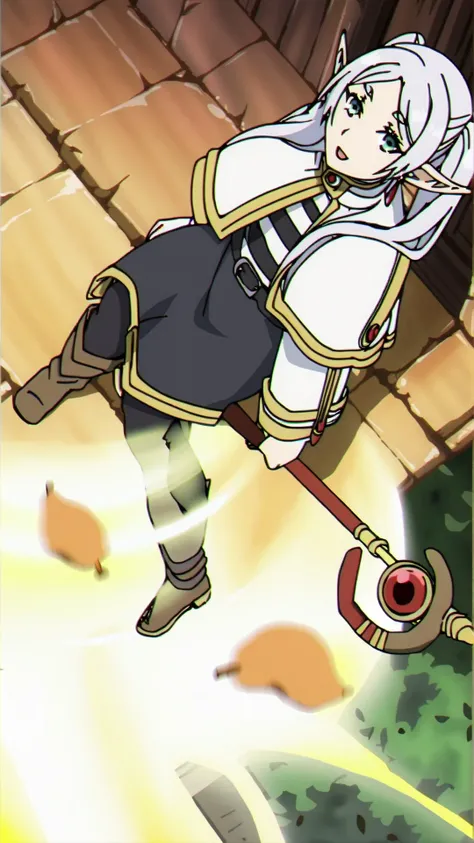 1girl,sfrieren,elf,pointy ears,silver hair,white hair,green eyes BREAK robe,black pantyhose,brown boots,belt,capelet BREAK floating,full body,staff,holding,holding staff,aura,falling leaves BREAK <lora:sfrieren_ponyxl:0.8>,score_9,score_8_up,score_7_up,score_6_up,score_5_up,anime,(high quality, detailed, beautiful),shiny,detailed beautiful eyes,outstanding,countershading,detailed soft lighting,backlighting,