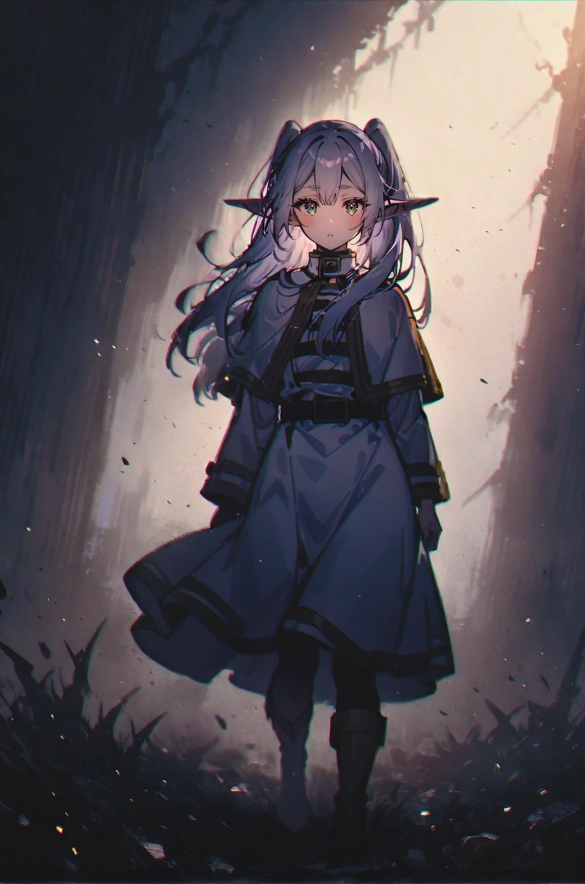 1girl, sfrieren, elf, pointy ears, silver hair, white hair, green eyes, BREAK
standing, full body, robe, black tights, brown boots, belt, cape, BREAK
<lora:sfrieren_ponyxl:1>, (high quality, detailed, beautiful), brilliant, detailed beautiful eyes, outstanding, contrasting shadows, detailed soft lighting <lora:Desolation:0.5> <lora:Dark_Aura_XL_-_Filled_with_miasma:0.7>