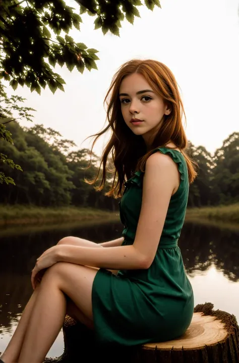 tv_Siobhan_MXAI, , calm expression, wearing a colorful sundress, sitting on a log at a misty forest pond, golden hour, shot from the side,, (((epic-Ultra-HD-details, epic-Ultra-HD-highlights, upscaled-resolution, optimal)))