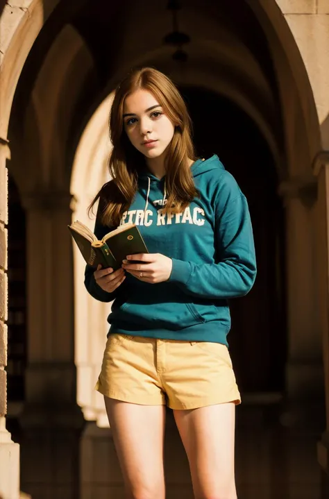 tv_Siobhan_MXAI, , intense expression, wearing shorts and a hoodie, reading a book in a huge old library, full body shot,, (((epic-Ultra-HD-details, epic-Ultra-HD-highlights, upscaled-resolution, optimal)))