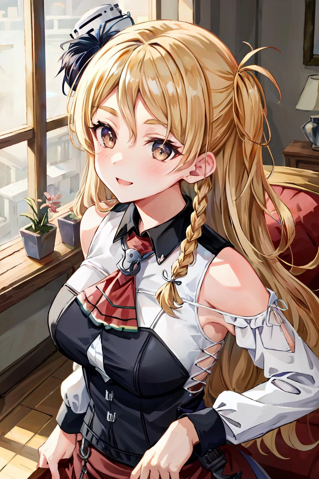 (masterpiece, best quality, illustration, delicate details, 8K:1.3), (studio light, best shadow, picturesque, styleadder),
BREAK, (sharp eyeliner, (symmetric eyes, perfect eyes, detailed eyes), finely detailed beautiful face, perfect anatomy), (brown eyes),
BREAK, nice hands, perfect hands, hand by Guido Daniele,
BREAK, 1girl, solo,
BREAK, ZaraDueKC, (mini) hat, (white) shirt, (off shoulder) shirt, (long sleeves) shirt, (white) corset, (red) ascot, (red) miniskirt, bridal garter, anchor, clothing cutout,
BREAK, upperbody shot, face close-up, looking at viewer, facing to viewer, smile, (indoor, living room),
BREAK, <lora:add_detail:0.3>, <lora:eyes:0.2>, <lora:CSA:0.2>, <lyco:hands:1>, <lora:Zara-10:1>