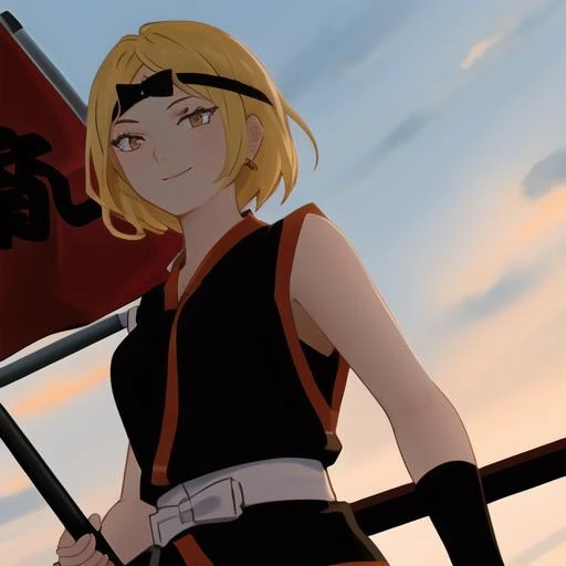masterpiece, best quality, <lora:tanaka-06:1>, t4n4k4, 1girl, black and red sleeveless kimono, flag, looking at viewer