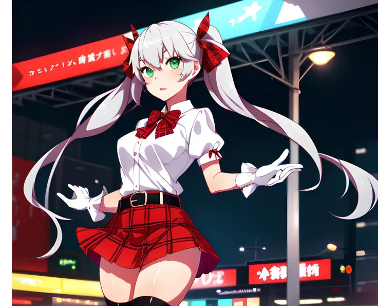 1girl,solo,Rin_AT, a woman with long white twintail hair and green eyes,wearing a white blouse, white gloves, a red plaid patterned skirt. red and black thigh high socks, a slim black leather belt, a red neck bow, posing for a photo,akihabara background, <lora:Rin_AT:1>