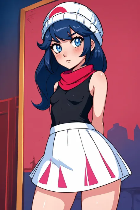 long hair, blue eyes, dark blue hair, hairpin, small breasts, white hat, pink skirt, red scarf, (black shirt:1.2), sleeveless shirt, standing, leaning forward, expressionless, blush, looking at viewer, from below, cowboy shot, medium breasts, white beanie, dawn pokemon, arms behind back, <lora:DawnGoofy:1>, <lyco:DerpixonStyle:1.1>,