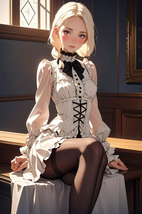 ( detailed realistic background:1),
( official art, beautiful and aesthetic:1 ),
realistic lighting,
cinematic lighting,
hyperrealism,
soothing tones,
muted colors,
high contrast,
soft light,
sharp,
artistic photoshoot,
( cute, petite ),
slender,
european,
pale cheeks,
square face shape with angular jaw,
natural "no-makeup" makeup,
small breasts,
,
platinum blonde hair ,
knotless braid hairstyle ,
wearing Ruffled Victorian-inspired blouse with a high collar and lace insets , Ball Gown Skirt , body-shaping pantyhose and t-strap heels ,