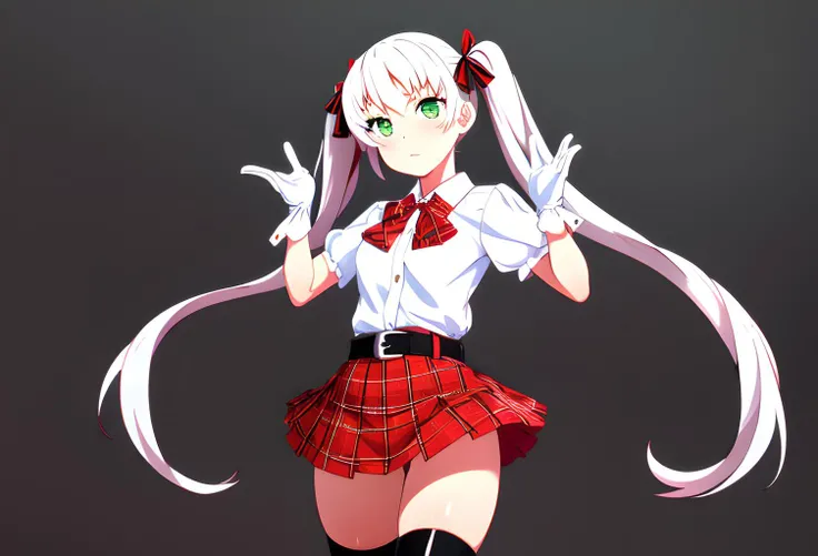 1girl,solo,Rin_AT, a woman with long (white) twintail hair and green eyes,wearing a (white) blouse, white gloves, a (red) plaid patterned skirt. (red and black stripe) thigh high socks, a slim black leather belt, a red neck bow, posing for a photo,akihabara background, highest quality,masterpiece,wallpaper,cinematic, <lora:Rin_AT:1>