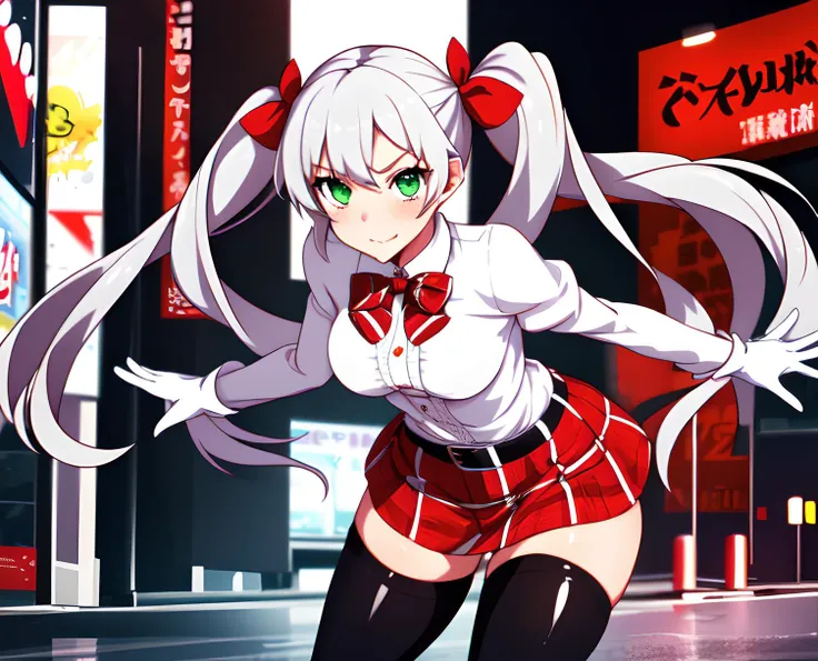 1girl,solo,Rin_AT, a woman with long white twintail hair and green eyes,wearing a white blouse, white gloves, a red plaid patterned skirt. red and black striped thigh high socks, a slim black leather belt, a red neck bow, posing for a photo,akihabara background, <lora:Rin_AT:1>