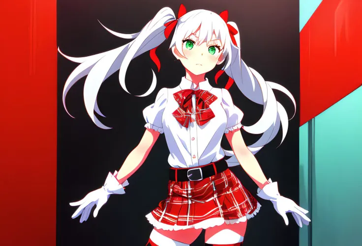 1girl,solo,Rin_AT, a woman with long (white) twintail hair and green eyes,wearing a (white) blouse, white gloves, a (red) plaid patterned skirt. (red and black stripe) thigh high socks, a slim black leather belt, a red neck bow, posing for a photo,akihabara background, highest quality,masterpiece,wallpaper,cinematic, <lora:Rin_AT:1>