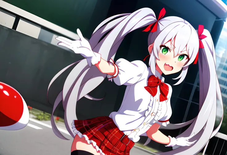 1girl,solo,moe fang, tsundere fang, Rin_AT, a woman with long (white) twintail hair and green eyes,wearing a tucked (white) blouse, white gloves, a (red) plaid patterned skirt. frilled skirt,(red and black stripe) thigh high socks,garterbelt, a slim black leather belt, a red neck bow, posing for a photo,akihabara background, highest quality,masterpiece,wallpaper, <lora:Rin_AT:1>