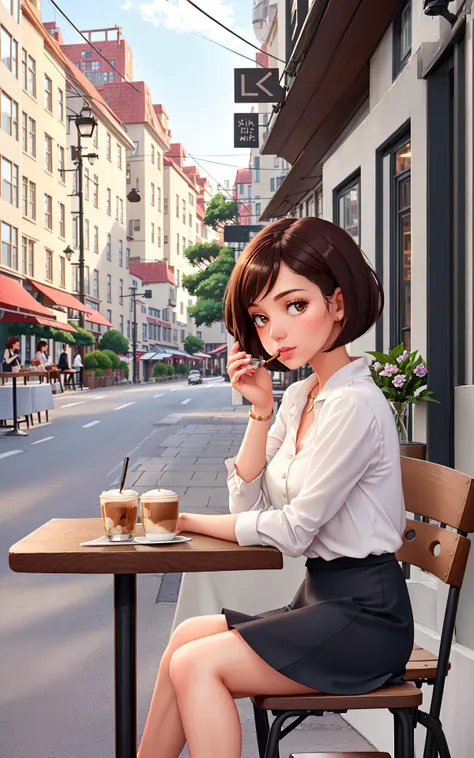 1girl,(charming sidewalk café, bustling city), young adult female, chic café style fashion, (sitting at a small table), engaged and content pose, shoulder-length bob haircut, elegant daytime makeup, (stylish midi skirt and a fitted blouse), fashionable flats, (sipping coffee), (background: pedestrians, quaint buildings), gentle morning light, (atmosphere of urban sophistication and relaxed café culture)