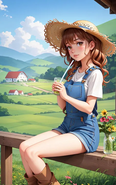 (quaint countryside setting, summer day), young adult female, rustic casual summer fashion, (sitting on a wooden fence), thoughtful and serene pose, shoulder-length curly hair, light, sun-kissed makeup, (denim overalls over a simple white t-shirt), comfortable boots, (holding a straw hat), (background: rolling hills, a distant barn, wildflowers), soft sunlight, (sense of relaxation and connection with the rural landscape)