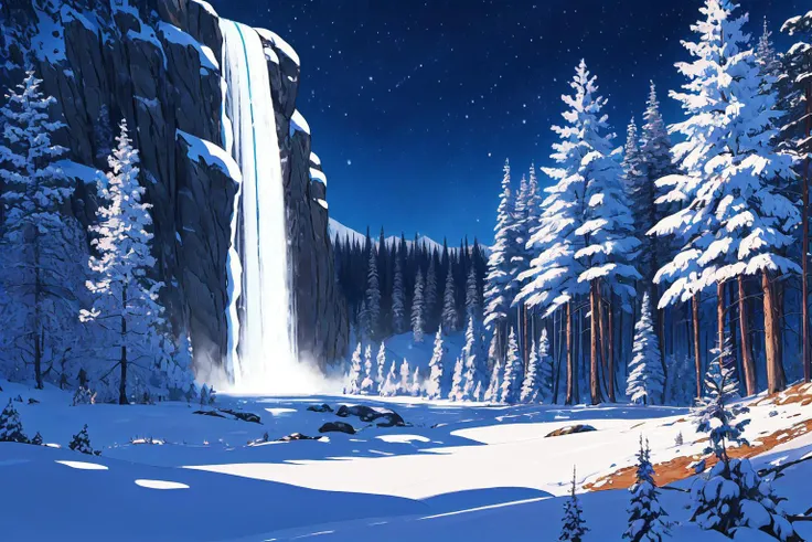 winter valley, forest, trees, waterfall, snow, milkyway, night, frost, mystic light,