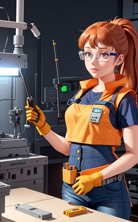 1girl,(high-tech engineering workshop), young adult female engineer, practical work attire, (engaged in designing a prototype), inventive and determined pose, medium-length ponytail, minimal makeup, (wearing safety goggles and a utility vest over a comfortable t-shirt and jeans), (surrounded by technical drawings and tools), (background: 3D printers, robotic arms in development), focused task lighting, (atmosphere of creativity and advanced technological development)