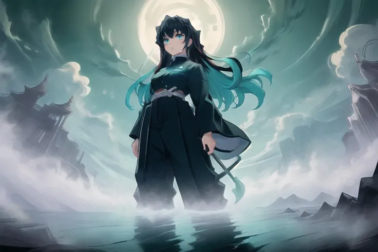 (masterpiece, best quality, highres), perfect lighting, muichiro, 1boy, long hair, black hair, aqua hair, bangs, multicolored hair, sidelocks, long sleeves, aqua eyes, demon slayer uniform, pants, looking at viewer, solo, closed mouth, view from below, moonlight, (night), japanese temple, mystical, ((ultra wide angle)), (depth of field), WorldofMist background <lora:WOTV:0.25> <lora:MuichiroTokito:0.85>, <lora:WorldofMist:0.7>