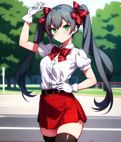 Rin_AT, a woman with long gray twintail hair and green eyes,wearing a white blouse, white gloves, a red plaid patterned skirt. red and black thigh high socks, a slim black leather belt, a red neck bow, posing for a photo,park background, <lora:Rin_AT:1>