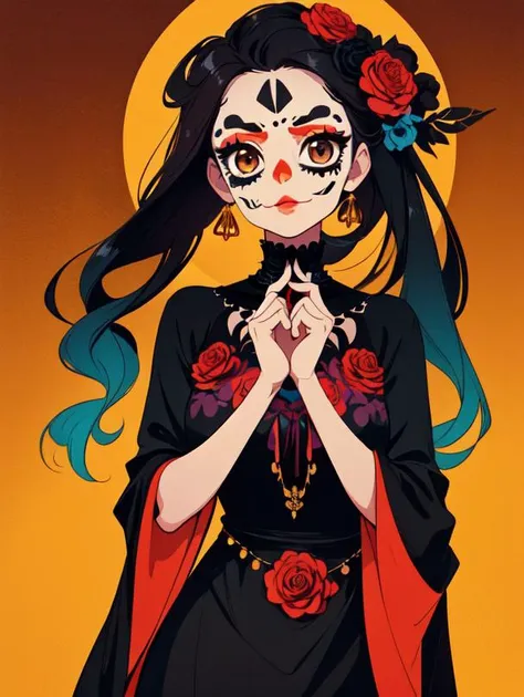 1girl,solo,girl,painted face,ornate face paint,black hair,long hair,messy hair, tanned skin,brown eyes,long dress,beautiful dress,ornate dress,dress with gold accents,dia de los muertos dress,dia de los muertos aesthetic,flowers, cinematic, high contrast, beautiful mexican background,complementary colors,wallpaper,