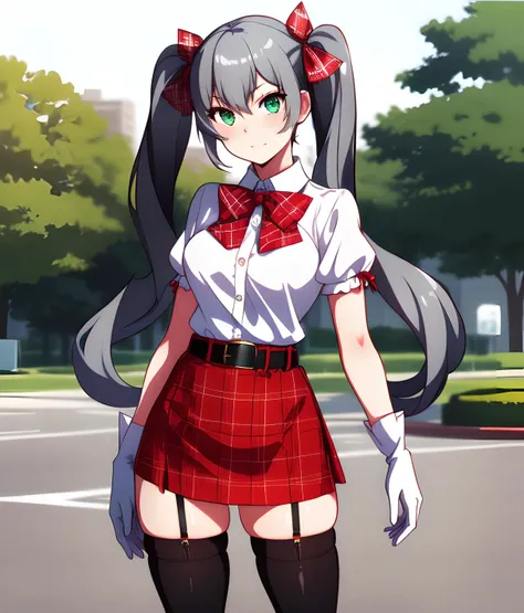 Rin_AT, a woman with long gray twintail hair and green eyes,wearing a white blouse, white gloves, a red plaid patterned skirt. red and black thigh high socks, a slim black leather belt, a red neck bow, posing for a photo,park background, <lora:Rin_AT:1>
