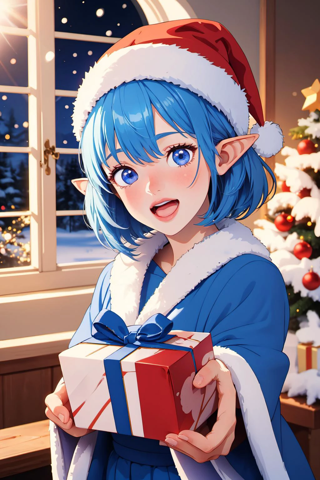 (masterpiece, best quality:1.2), 1girl, solo, elf, blue theme, christmas, blue santa hat, blue dress, excited, <lora:neocoill:1>, neocoill, lens flare, bright lights, snow, indoors, window, open mouth, holding gift, looking at viewer, hand focus, blurry background, giving gift, blue hair,