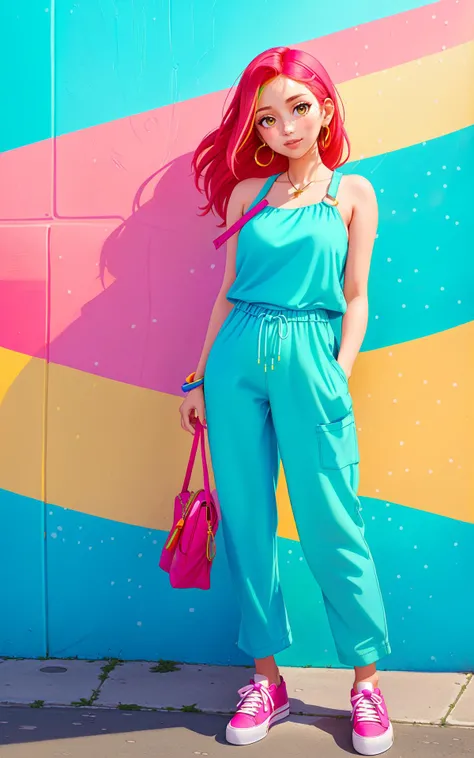 (vibrant city street, summer day), young adult female, contemporary casual summer fashion, (leaning against a colorful mural wall), confident and relaxed pose, medium-length straight hair, bright makeup matching the mural colors, (comfortable linen jumpsuit), stylish sneakers, (carrying a crossbody bag), (background: lively street scene, outdoor cafes), bright sunshine, (atmosphere of urban summer energy and trendy style)
