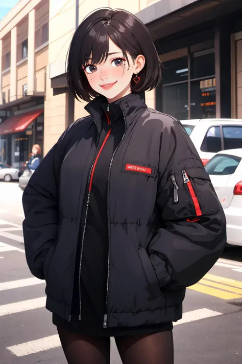 (masterpiece, best quality:1.2),  <lora:neocoill:1>, neocoill, 1girl, solo, colored skin, jacket, white skin, mole under mouth, smile, mole, black hair, looking at viewer, black eyes, long sleeves, closed mouth, hands in pockets, pantyhose, standing, earrings, short hair