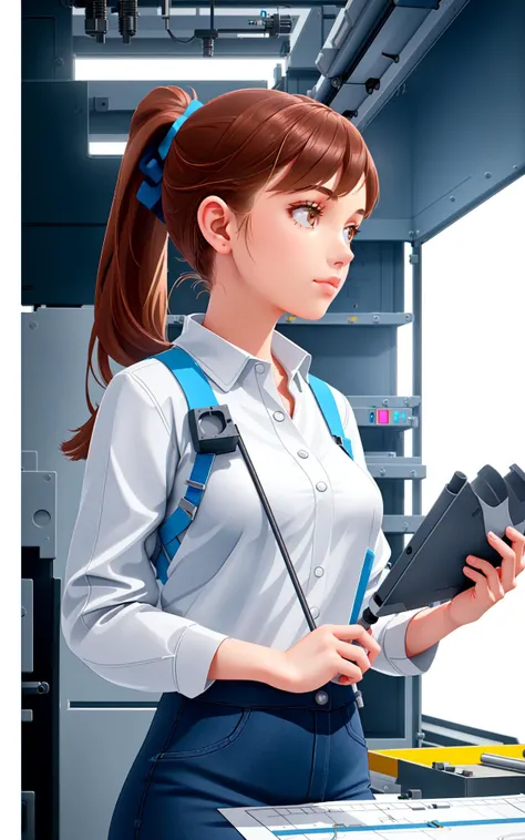 1girl,(high-tech engineering workshop), young adult female engineer, practical work attire, (engaged in designing a prototype), inventive and determined pose, medium-length ponytail, minimal makeup, (surrounded by technical drawings and tools), (background: 3D printers), focused task lighting, (atmosphere of creativity and advanced technological development)