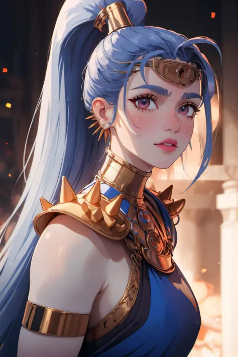 (masterpiece, best quality:1.2), <lora:neocoill:.95>, neocoill,<lora:megaera:.95>, megaera, 1girl, solo, ponytail, colored skin, breasts, piercing, ear piercing, blue skin, gorget, greek clothes, looking at viewer, muscular,