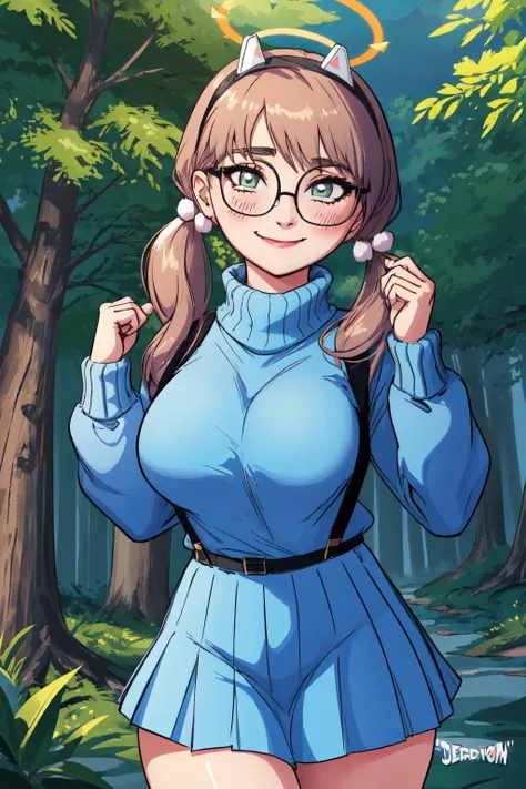 <lora:KazekuraMoeGoofy:0.7>, moe ba, smile, skirt, glasses, long hair, halo, round eyewear, turtleneck, looking at viewer, fake animal ears, steam, long sleeves, suspenders, 1girl, low twintails, pom pom (clothes), blue sweater, turtleneck sweater, blush, solo, large breasts, closed mouth, forest background, <lyco:DerpixonStyle:1.2>,